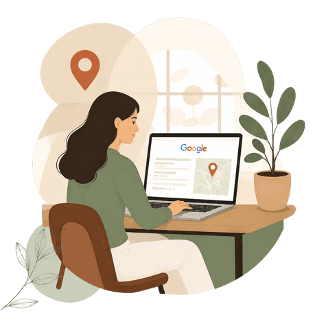 illustration_freelance_ordinateur_500 Illustration d’une personne consultant Google et une carte locale sur un ordinateur
