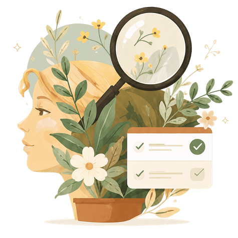 illustration_recherche_500 Illustration d’une analyse SEO avec une loupe, une liste de vérification et des éléments végétaux