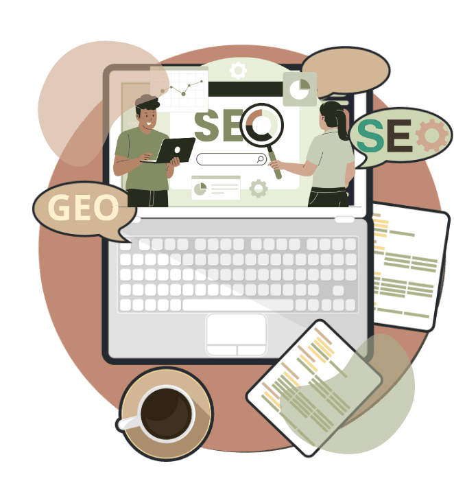 wordpress-picture-canva-geo-seo Illustration SEO et référencement local sur ordinateur avec analyse de visibilité