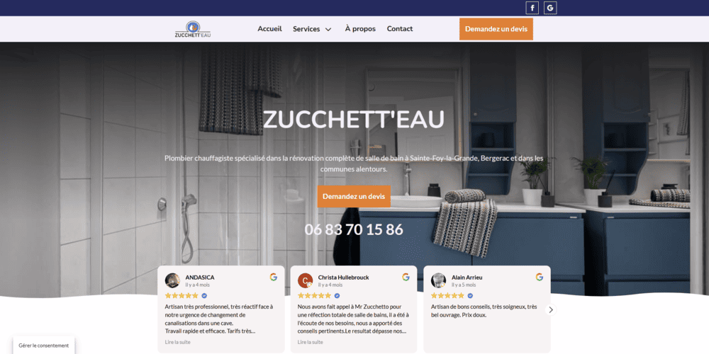 Hero header de la page internet de Zucchett'eau, plombier